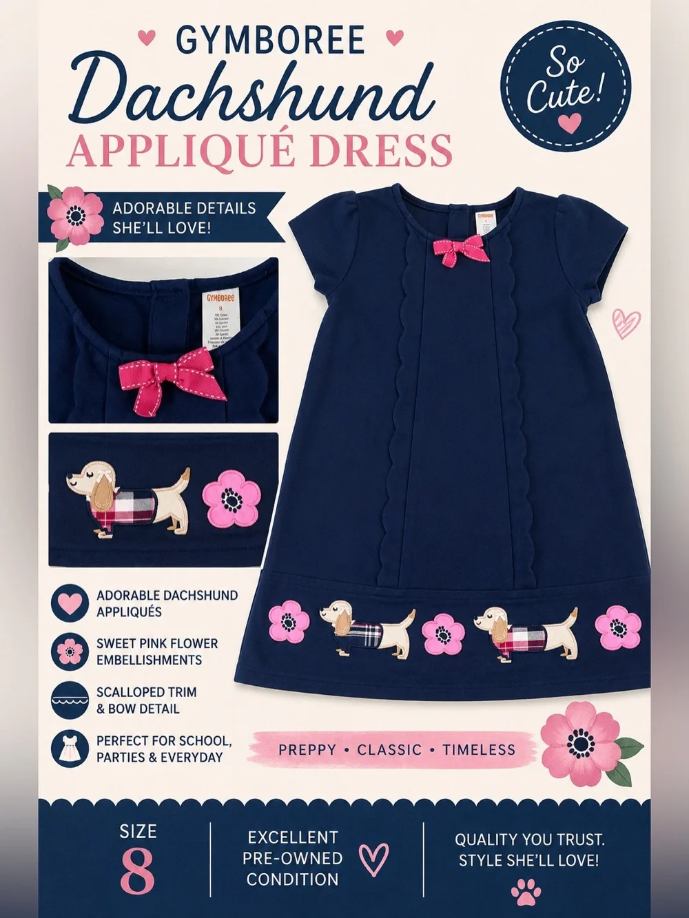 Gymboree Navy Dress with Pink Bow & Floral Dachshund Appliqués